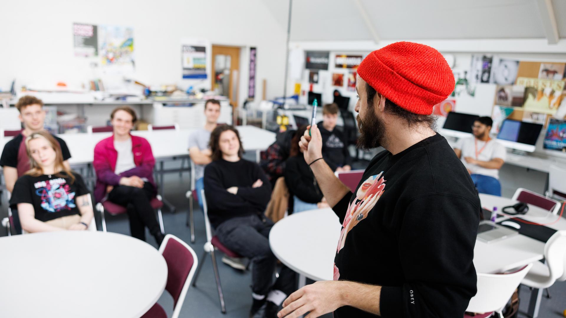Creative course, lecturer with students, Daphne Oram, Canterbury